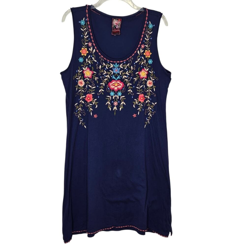 Johnny Was JWLA Floral Embroidered Tank Dress Size Large Blue Cotton Jersey Knit